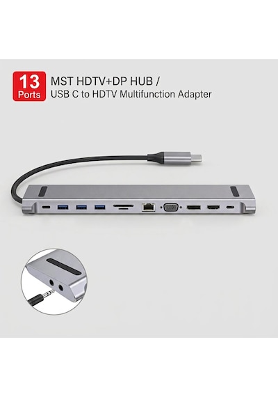 Cr76 13 İn 1 Type-c Çoklu Çoğaltıcı Hub - 4k Hdmı, Dp, Vga, 1000mbps Gigabit Ethernet, 100w Pd Şarj Ve Kart Okuyucu Adaptör