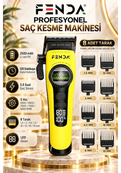 Fenda Profesyonel Bldc Motor 8000 Rpm 2'li Tıraş Makinesi Seti Sarı