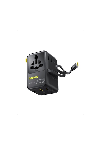 Baseus Enercore Cg11 Super Hızlı Universal Seyahat Adaptörü Çekmeli Kablolu 2ac+2u+2c 70w Siyah
