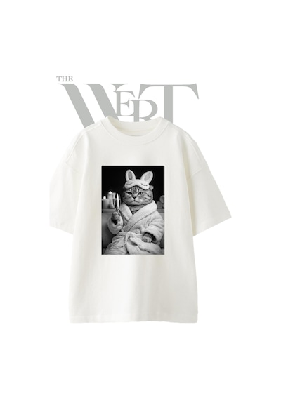 Thewert Kedi Bornoz Maske Tasarım Baskılı Ünisex Beyaz Oversize T-shirt