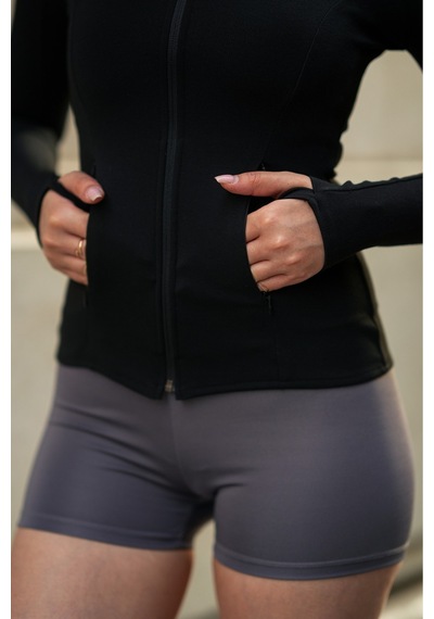 Gugus Kadın Spor Baskısız Ceket Fermuarlı Parmak Geçirmeli Model Siyah