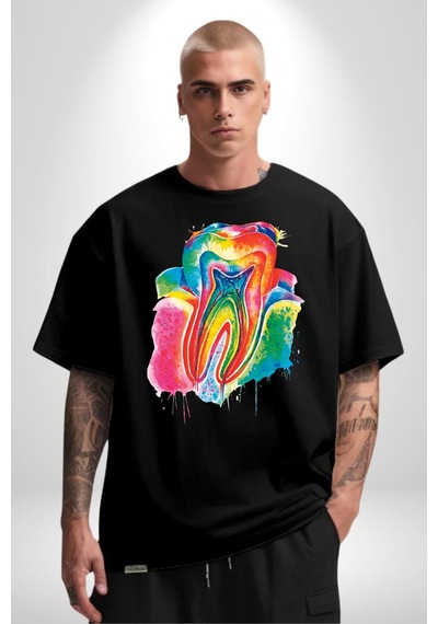 Diş Doktoru Diş Anatomisi Özel Tasarım Pamuklu Bisiklet Yaka Unisex Oversize Boyfriend Dijital Baskılı Siyah T-shirt Siyah