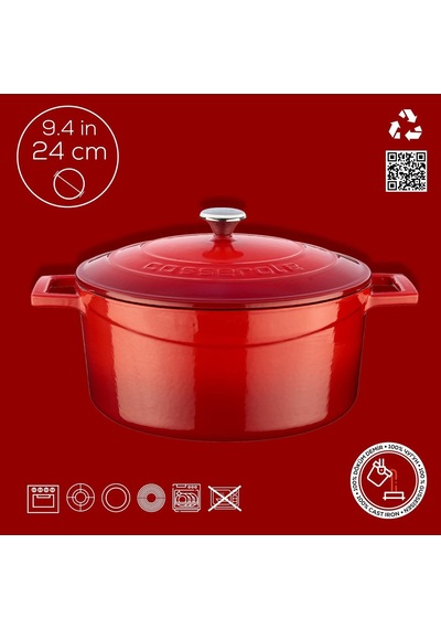 Metal Döküm Yuvarlak Tencere, 24 Cm, Kırmızı Belirtilmemiş