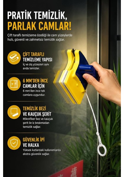 Lexroo Çift Taraflı Manyetik Cam Temizleyici Güvenlik İpli C14 Çok Renkli