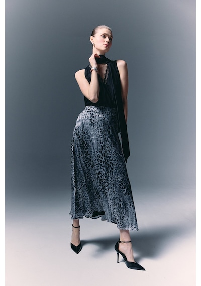 Sateen Leopar Desenli Uzun Etek - Siyah-136781 Siyah