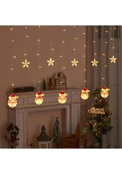 5 Yıldız 5 Noel Baba Figürlü Sarkıt Led Işık 3 Metre Sarkıt Led Işık Sarı