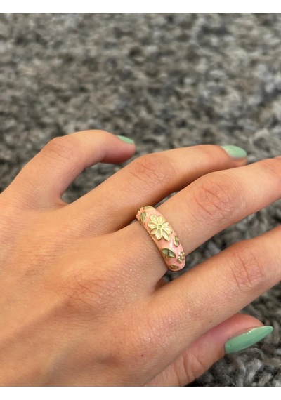Pembe Mineli Çiçek Yüzük Çok Renli
