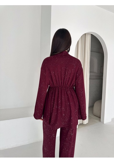 Kadın Simli Uzun Kol Modal Kumaş Kimono Pantolon İkili Takım Şık Ve Rahat Kadın Takım Bordo Kadın Simli Uzun Kol Modal Kumaş Kimono Pantolon İkili Takım Şık Ve Rahat Kadın Takım Bordo