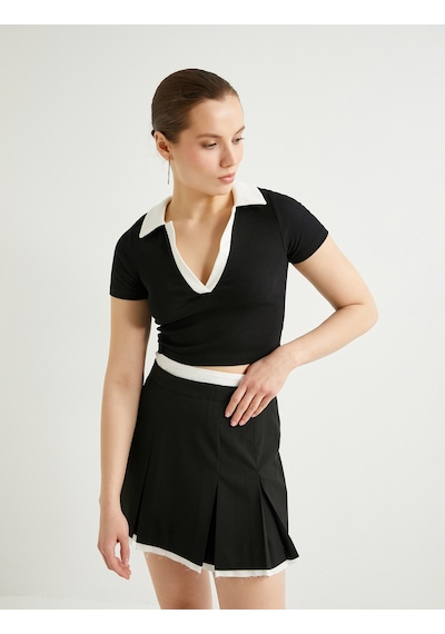Koton Polo Yaka Crop Tişört Renk Kontrastlı Kısa Kollu Slim Fit Siyah 4sal10812ık Siyah