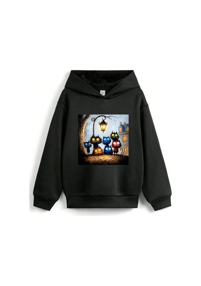 Stil X Sevimli Kediler Baskılı Kapüşonlu Çocuk Sweatshırt Siyah-4