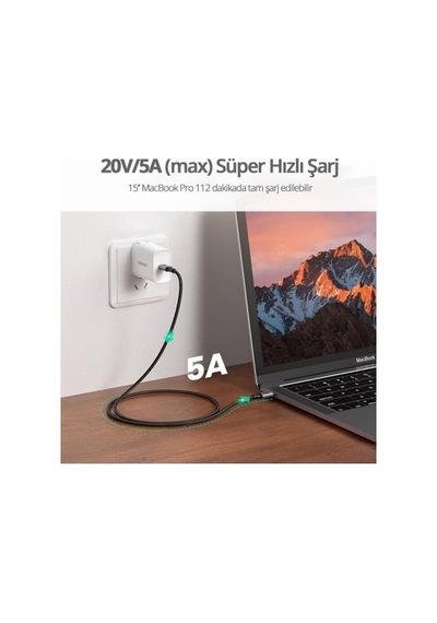 Ugreen Usb-c 100w 5a Qc Pd Örgülü Hızlı Şarj Kablosu, 3 Metre, Siyah -