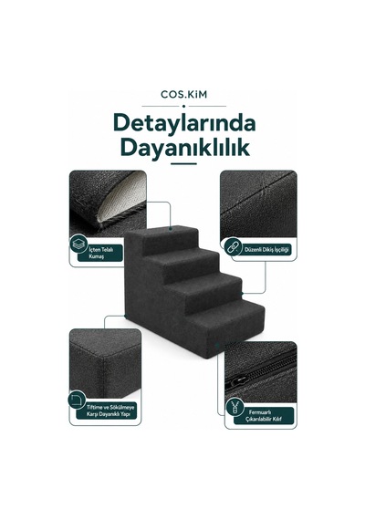 4 Basamaklı Kedi Köpek Merdiveni 54x40x40 Cm, Fermuarlı Yıkanabilir Kılıflı Sert Sünger