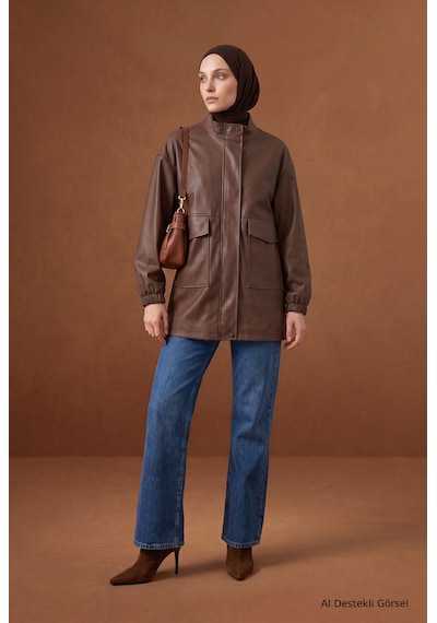 Armine Trend Dik Yaka Cep Detaylı Uzun Kollu Rahat Kesim Ceket 81 Cm Boy Kahverengi 26kt541 Armine Trend Dik Yaka Cep Detaylı Uzun Kollu Rahat Kesim Ceket 81 Cm Boy Kahverengi 26kt541