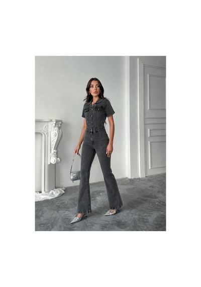 Bluemarlin Kısa Kol Kar Siyah İspanyol Paça Likralı Denim Tulum Kar Siyah