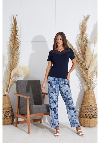 Sevim Kadın Dantelli Kısa Kol Lacivert Pijama Takım C1t5n551 001