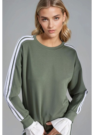 Hiccup Çizgili Bisiklet Yaka Sweatshirt Ve Düz Paça Pantolon Takımı Zeytin Yeşili