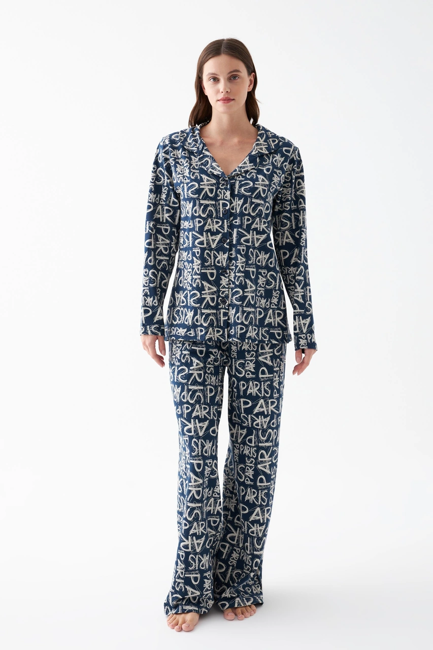 Akbeniz Kadın Lacivert Paris Yazı Desenli Düğmeli Pamuklu Pijama Takımı Lacivert
