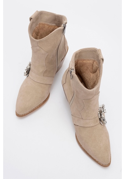 Luvishoes Luvi Shoes Any Bej Taşlı Hakiki Deri Süet Kadın Topuklu Bot Bej Süet