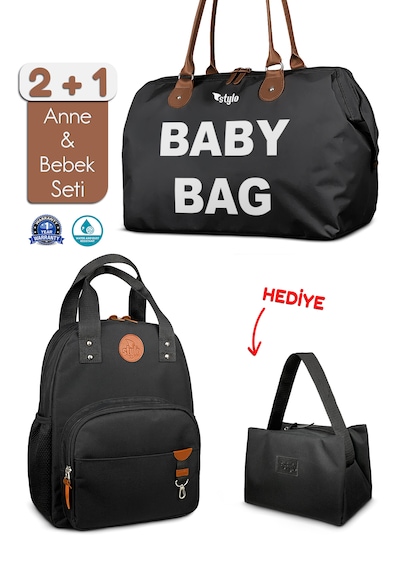 Stylo Bebek Bakım Kadın Omuz Çantası + Popi Anne Kadın Sırt Çantası Termos Çanta Hediye Babypopi Siyah TK