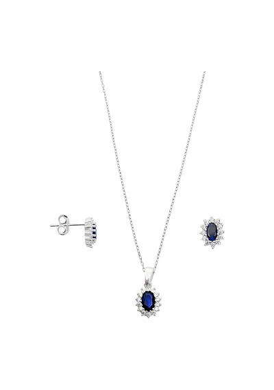 Oya Silver Mini Beyaz Işıltı Çevrili Safir Taşlı Oval Kadın Kolye Küpe Gümüş Set