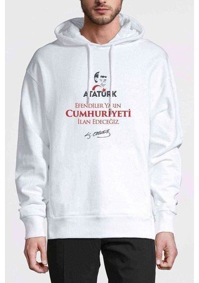 29 Ekim Cumhuriyetin Ilanı Baskılı Beyaz Erkek Kapşonlu Sweat