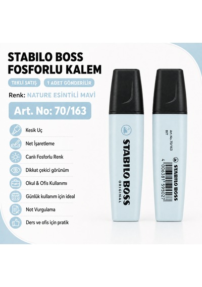 Boss Fosforlu Kalem 1 Adet Metin İşaretleme Kalemi Nature Esintili Mavi