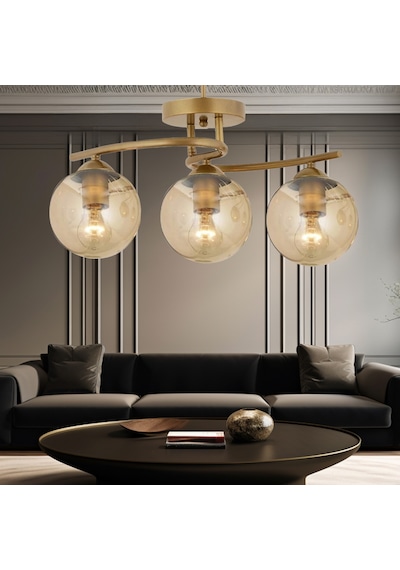 Elite 3 Başlıklı Eskitme Balon Camlı Salon Avize