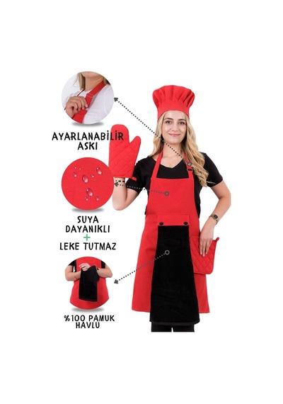 Star Ayar Askılı 5li Mutfak Önlüğü Seti Ayar Askılı Havlulu Önlük, Şapka, Eldiven, Tutacak Kırmızı-siyah-kırmızı