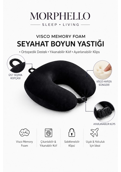 Morphello Visco Seyahat Boyun Yastığı Klipsli, Yıkanabilir Kılıflı Ortopedik U Boyun Yastığı Siyah