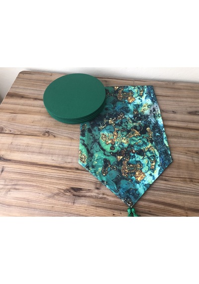 Yeşil Gold Malakit Desenli Runner & Supla Çok Renkli