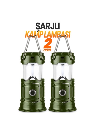 2 Adet Şarjlı Solarlı Kamp Lambası El Feneri Powerbank Özellikli Taşıma Kulplu Haki 5800t Yeşil
