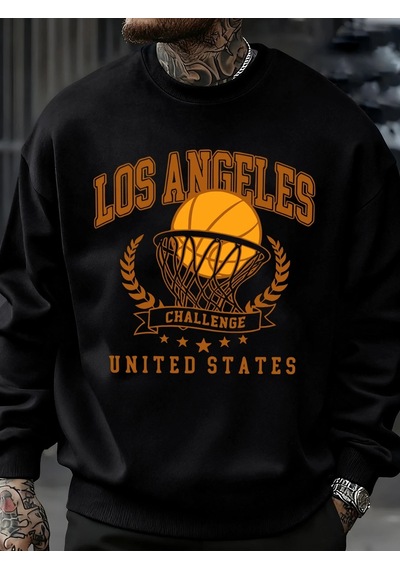 Startmore Tarzsokak Los Angeles Basketbol Mücadelesi Baskılı Sweatshirt Erkek Retro Hip Hop Kıyafetleri Günlük Ka Siyah
