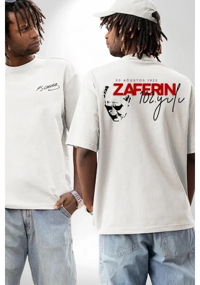 Veraura Lifestyle 30 Ağustos Zafer Bayramı Ön Arka Baskılı Oversize Bisiklet Yaka T-shirt - Beyaz