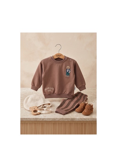 Çıtırkids Erkek Bebek Ayıcık Nakışlı Çizgili İki İplik Pamuklu Sweatshirt Alt Üst Takım Kahverengi