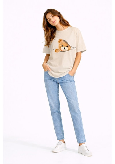 Fermuarlı Ayıcık Baskılı Kadın Tişört Oversize Sevimli Teddy Bear Bej