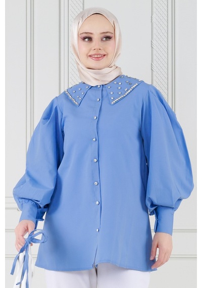 Sevitli Yakası Taş Çakım Tunik-mavi-3645-mavi Mavi