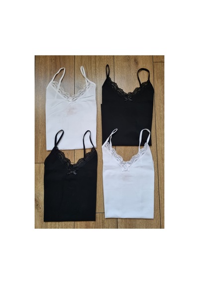 Demirsa Boutique Kadın 4'lü Paket Dantelli Pamuklu İp Askılı Atlet Siyah, Beyaz Siyah3