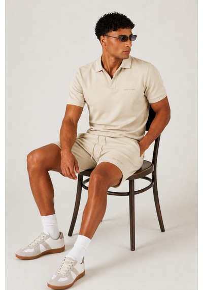 Erkek %100 Pamuk Polo Yaka Tişört Ve Şort Takım Slim Fit Yazlık 2'li Kombin Bej