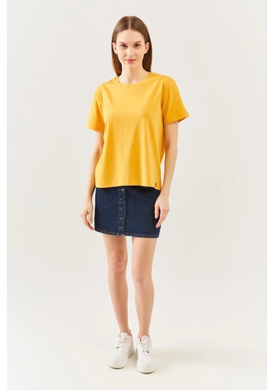 Kadın Oversize Rahat %100 Pamuklu Penye Bisiklet Yaka Kısa Kol Basic T-shirt Hardal