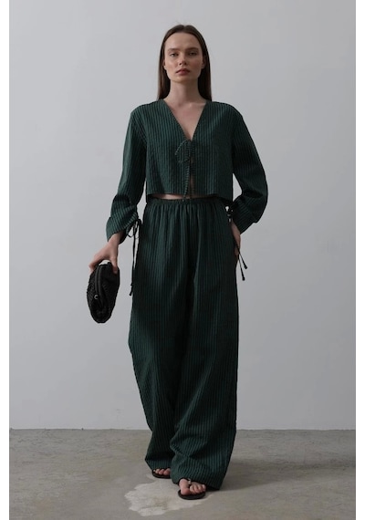 Defymoda Önü Bağlamalı Crop Takım - Yeşil Yeşil