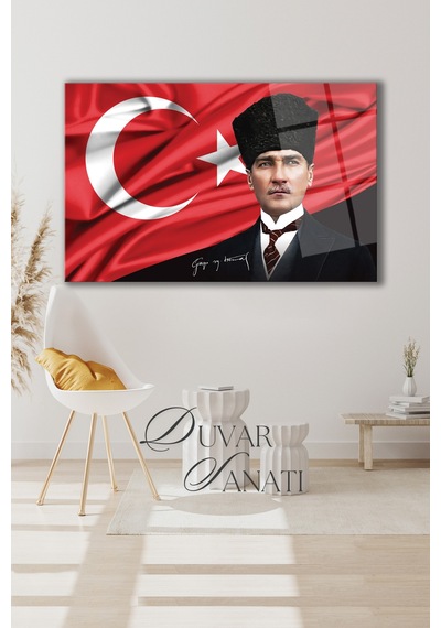Atatürk Portre Ve Türk Bayrağı Yatay Cam Tablo Evlika, Modern Duvar Dekoru , Kurum Ofis İş Hediyelik Tablo