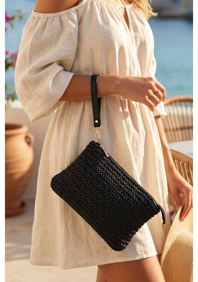 Vivazzaluxe Doğal Hasır Örme Orta Boy Kadın Yazlık Portföy Clutch Çanta Siyah