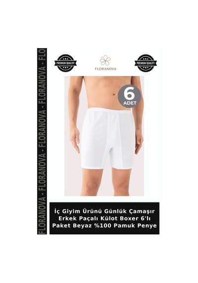 Floranova İç Giyim Ürünü Günlük Çamaşır Erkek Paçalı Külot Boxer 6'lı Paket Beyaz %100 Pamuk Penye