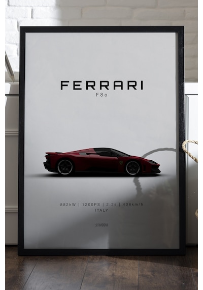 Ferrari F80 Siyah Ahşap Çerçeveli Poster, Dekoratif Araba Duvar Tablosu