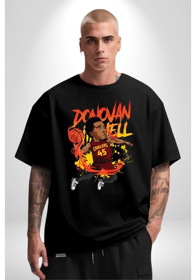 Donovan Mitchell Basketbol Karikatür Pamuklu Bisiklet Yaka Unisex Oversize Boyfriend Dijital Baskılı Siyah T-shirt Siyah