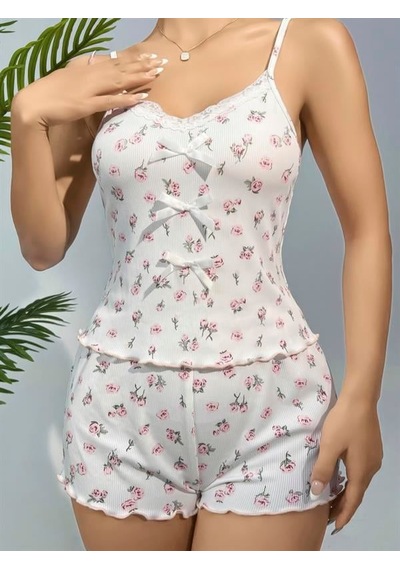Red Womans Pamuklu Beyaz Üstüne Çiçek Desen Fitilli Askılı Şortlu Pijama Tak