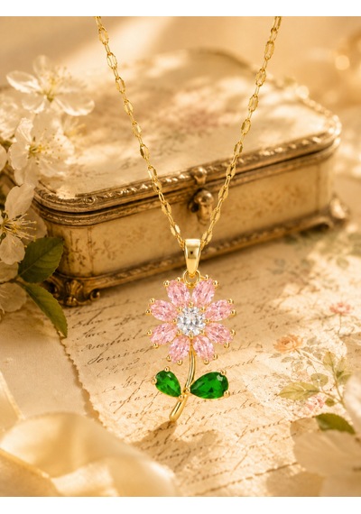 Zirkon Taşlı Pembe Papatya Kolye - Yeşil Yaprak Detaylı Altın Kaplama Açık Pembe