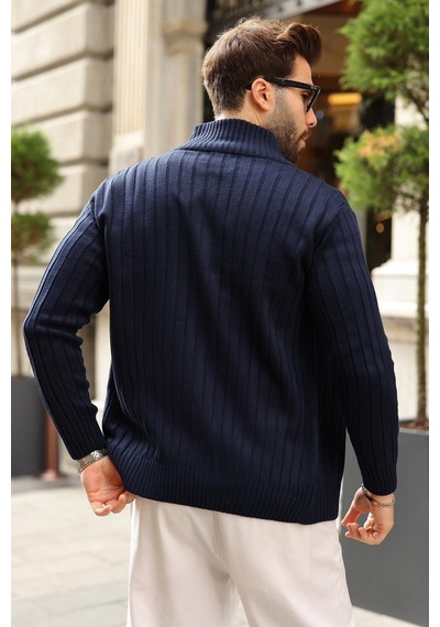 Madmext Lacivert Çift Fermuarlı Slim Fit Çizgili Erkek Triko Hırka E7522