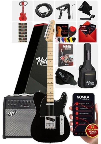 Midex TLX-50BK-50AMP Tele Kasa Maple Klavye 2 Single-Coil 50W Amfili Elektro Gitar