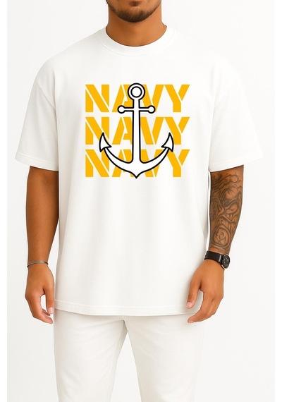 Bahriyeli Collection Oversize Trio Navy Anchor Göğüs Ve Sırt Baskılı Unisex T-shirt Beyaz